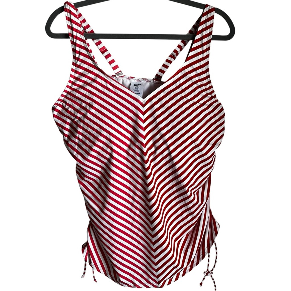 Lands' End Red White Chevron Striped V-Neck Ruched Tankini Swim Top Size 16 D